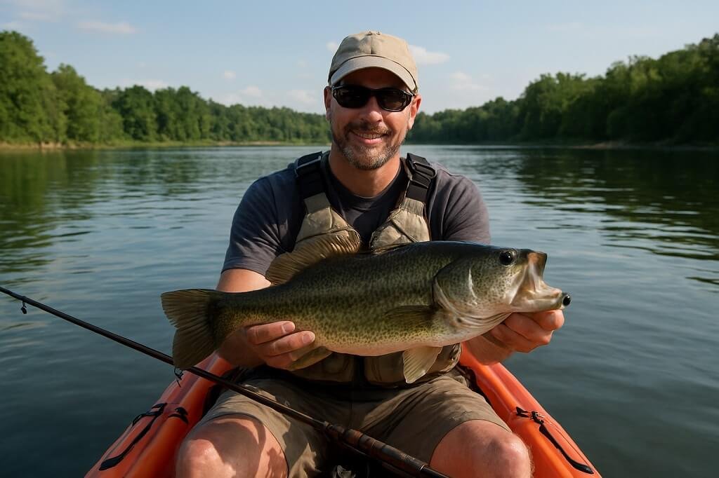 Kayak fisherman proudly holding a largemouth bass catch