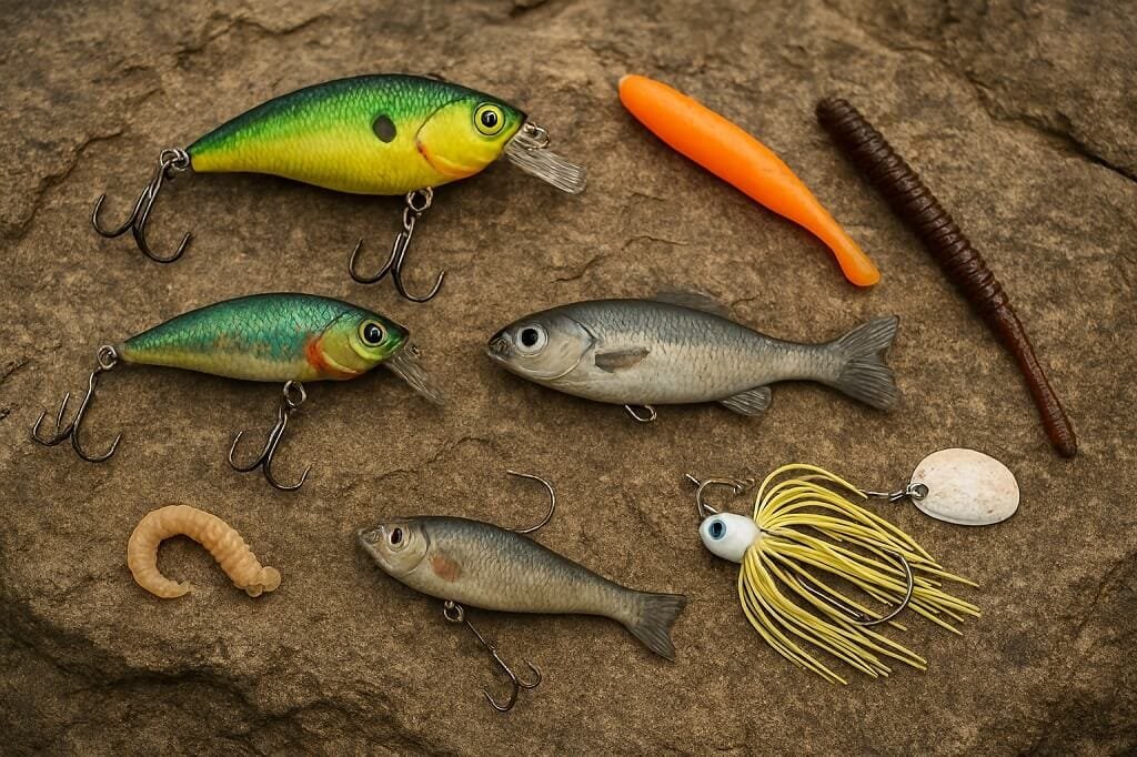 Selection of lures and baits laid out for river fishing