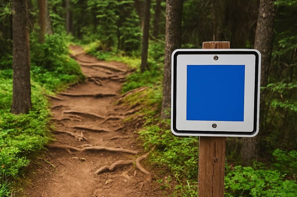 Blue square trail sign by root-filled switchback trail