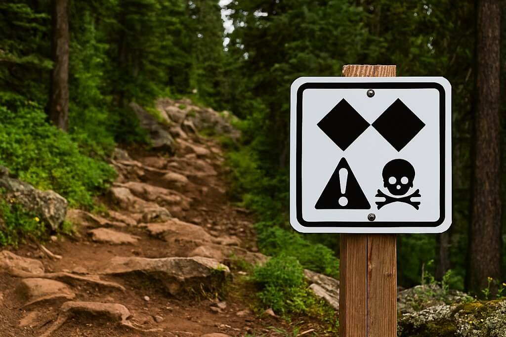 Double black diamond sign with warnings on rugged terrain