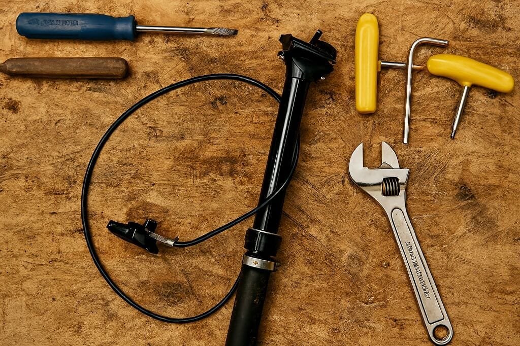 Dropper post removed from bike, laid out with maintenance tools on a workbench
