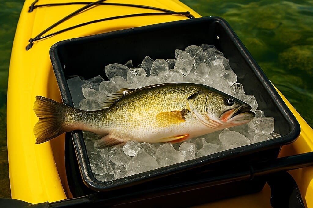 Freshly caught fish neatly arranged in a kayak cooler after a successful fishing trip.