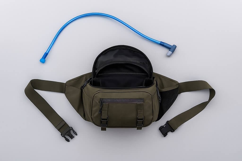 Overview of hip pack features including compartments, hydration access, and adjustable straps.