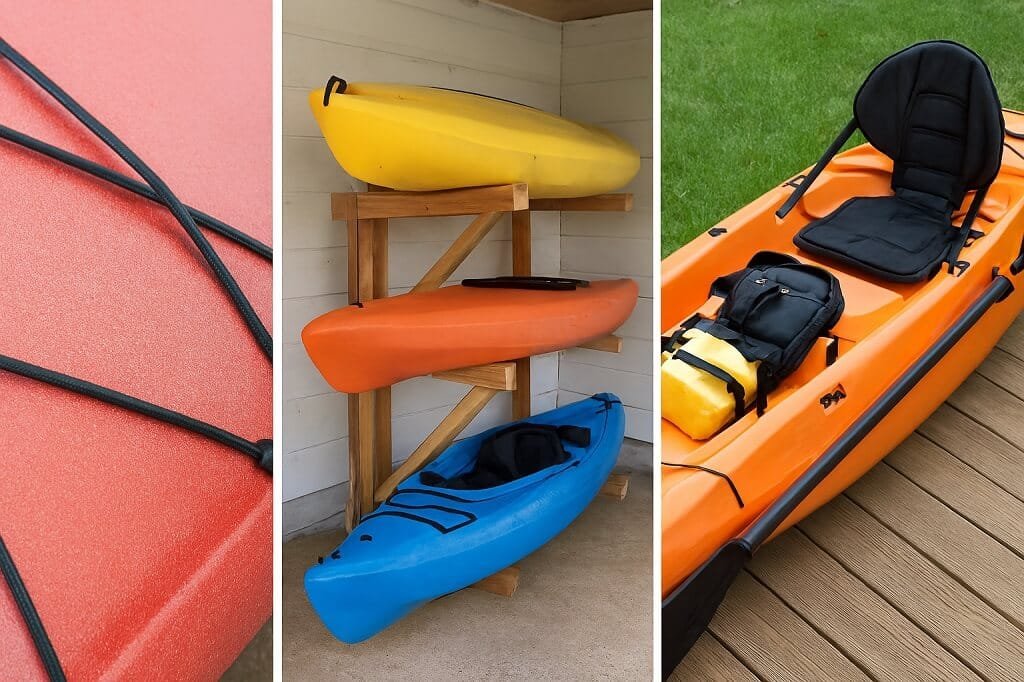 Kayak with cleaning, storage, and accessories setup