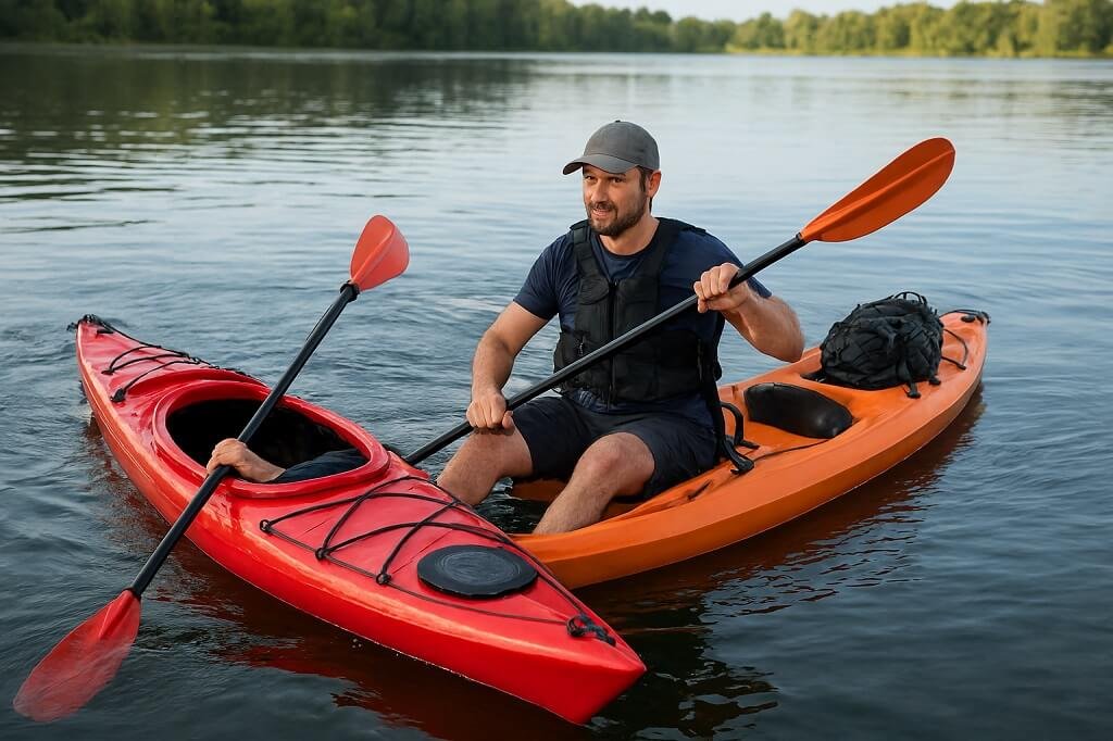 Kayak test drive or try-out session on water