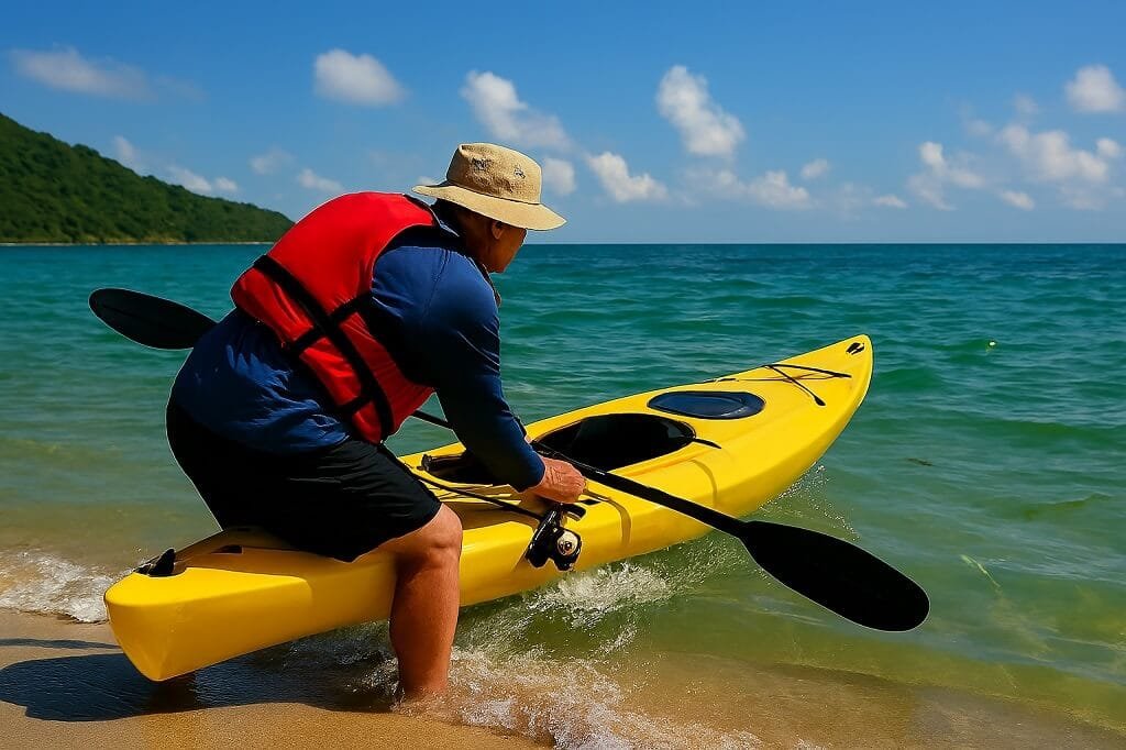 Kayaker pushing off from a sandy beach, ready to glide across the water.
