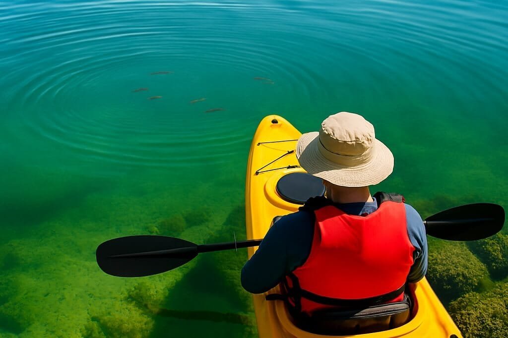 Kayaker observing ripples and fish movement on a calm water surface during a sunny day