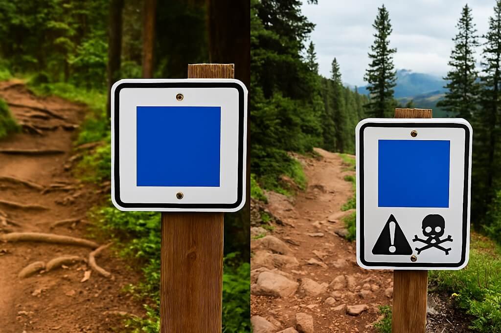 Comparison of blue square trail signs in different terrains