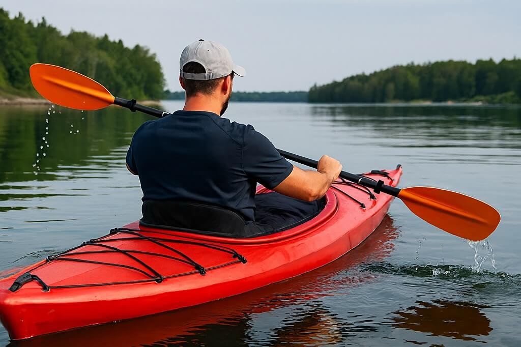 Sit-in kayak paddling on calm water