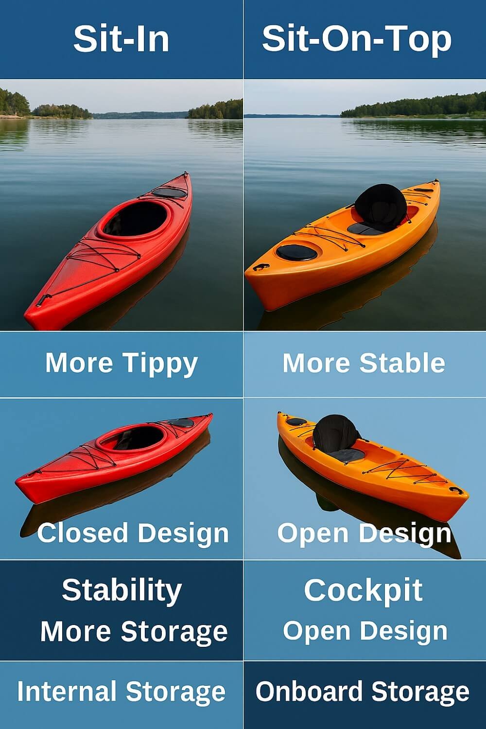 Sit-in vs sit-on-top kayaks comparison table