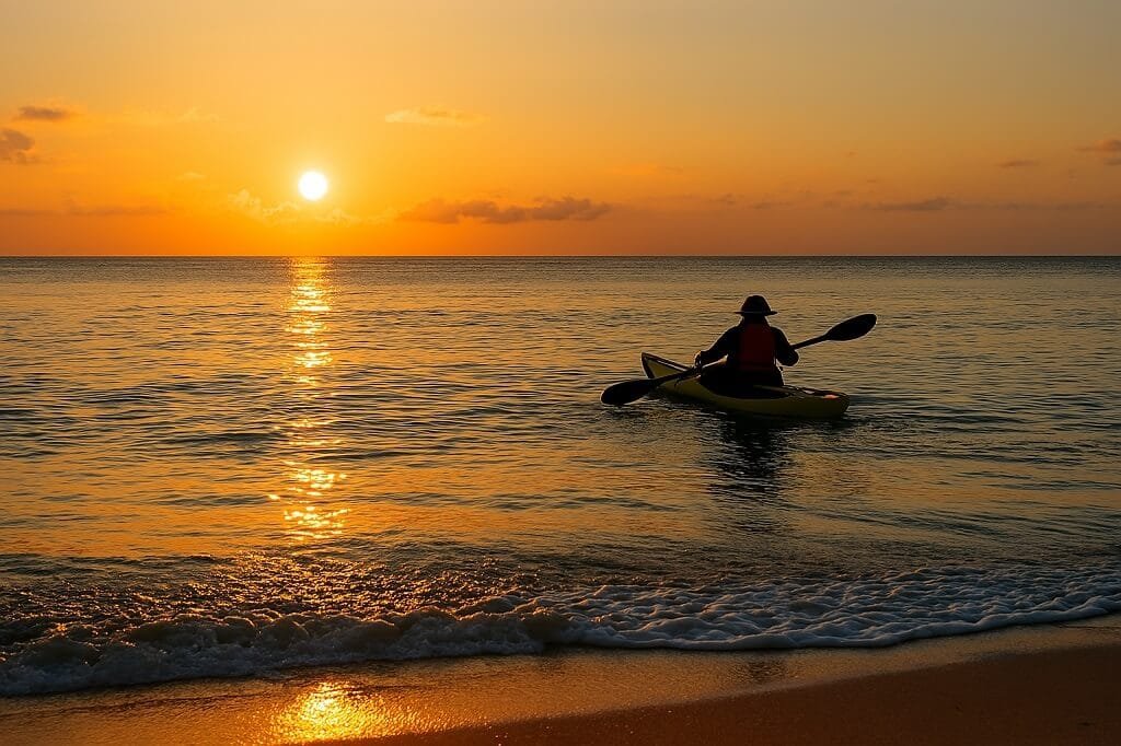 Kayak returning to shore against a vibrant sunset over the ocean.