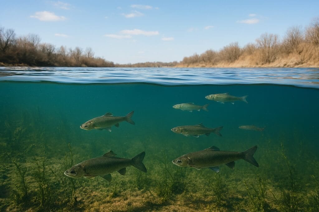 Illustration comparing how fish swim at different depths in winter and summer.