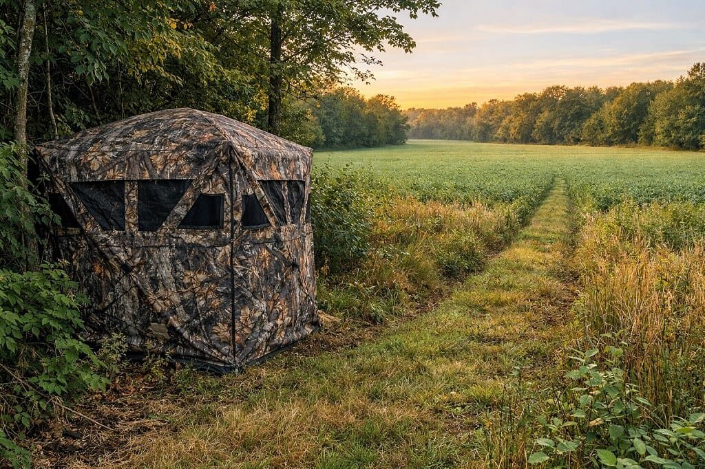 Ground blind deer hunting setup on whitetail travel route