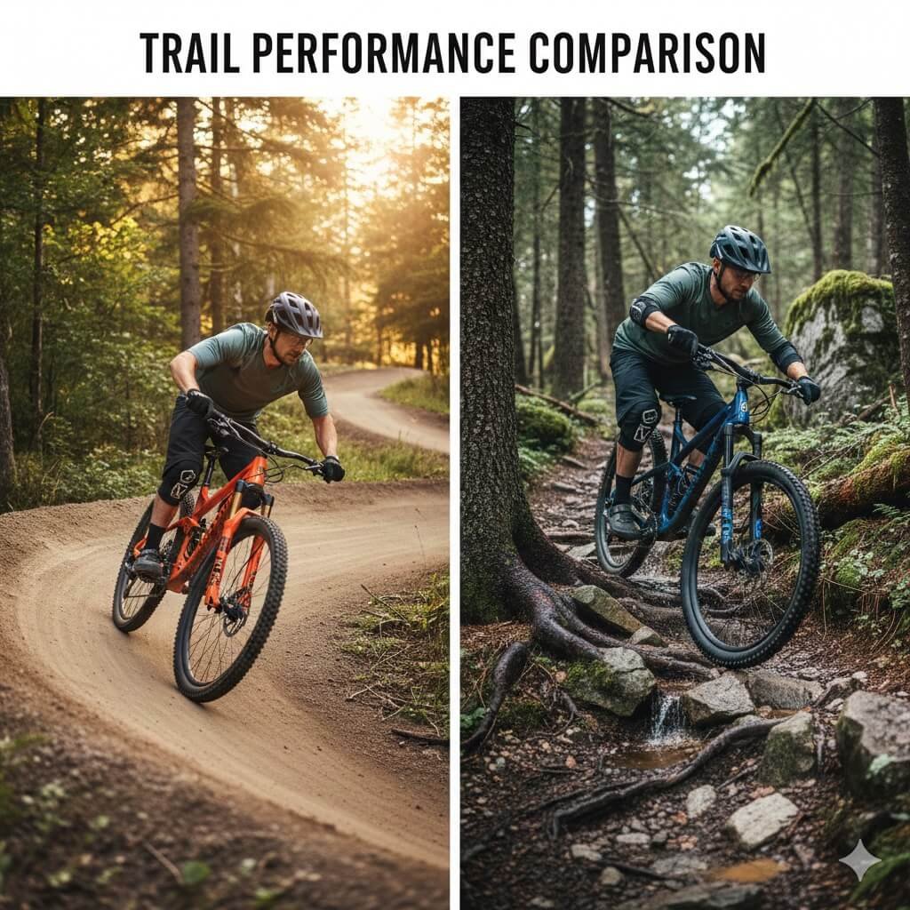 hardtail vs full suspension MTB on smooth and rocky trails