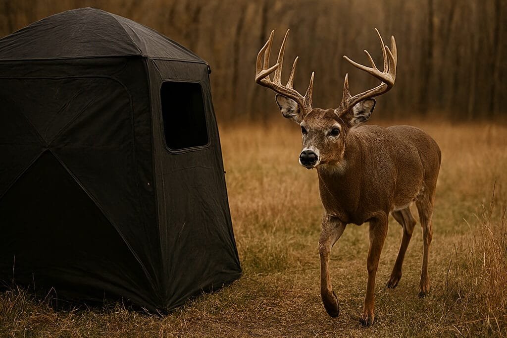 Whitetail deer approaching ground blind setup